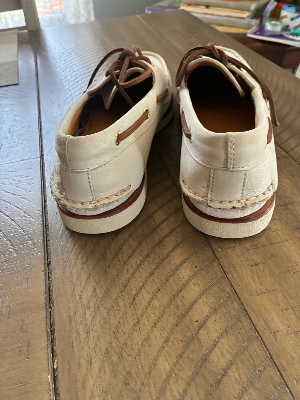 Sperry Men’s White Leather Boat Shoes with Brown Laces